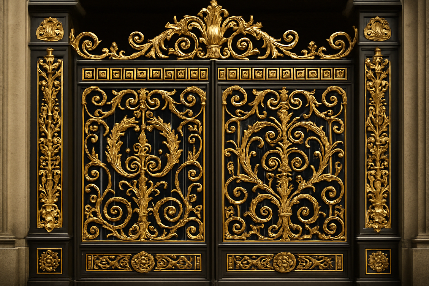 create a picture of a gate with a gold plate paint design in it 
