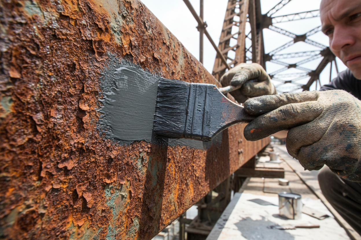 image of a painter painting a rusted metal with a brush